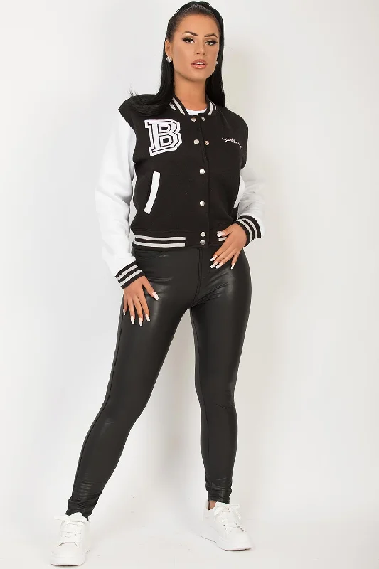 Varsity Bomber Cropped Jacket With B Slogan Black