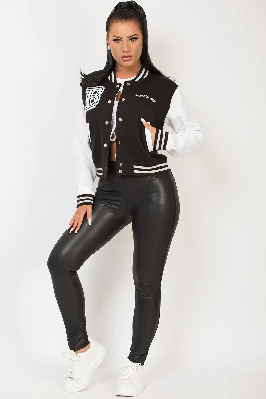 Varsity Bomber Cropped Jacket With B Slogan Black