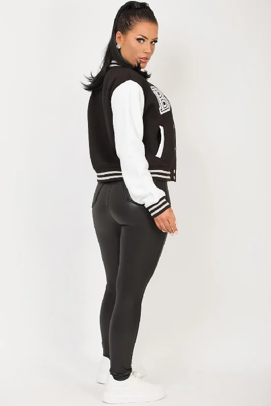 Varsity Bomber Cropped Jacket With B Slogan Black