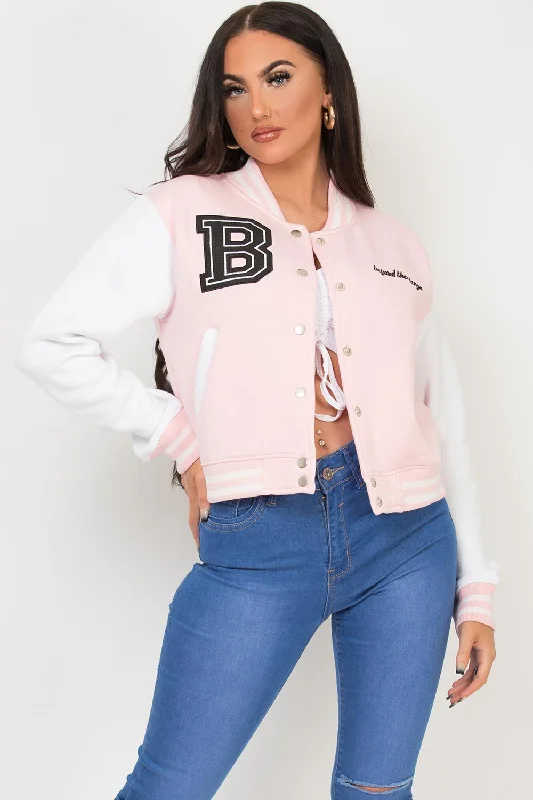 Varsity Bomber Cropped Jacket With B Slogan