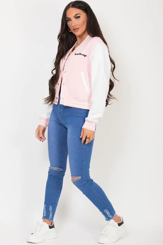 Varsity Bomber Cropped Jacket With B Slogan