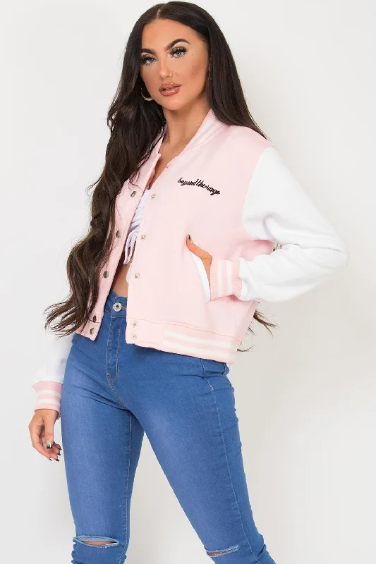 Varsity Bomber Cropped Jacket With B Slogan