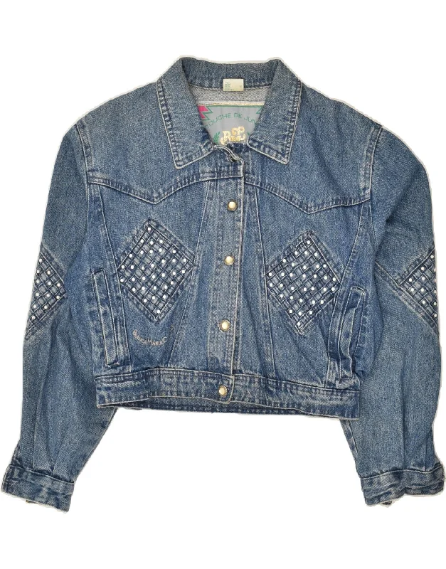 VINTAGE Womens Graphic Crop Denim Jacket UK 14 Medium Blue Geometric