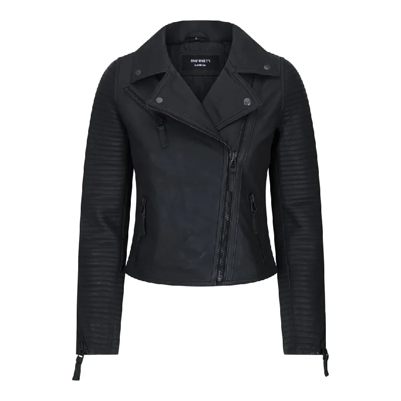 Women's Cross Zip Biker Leather Jacket Matt Black Stitch