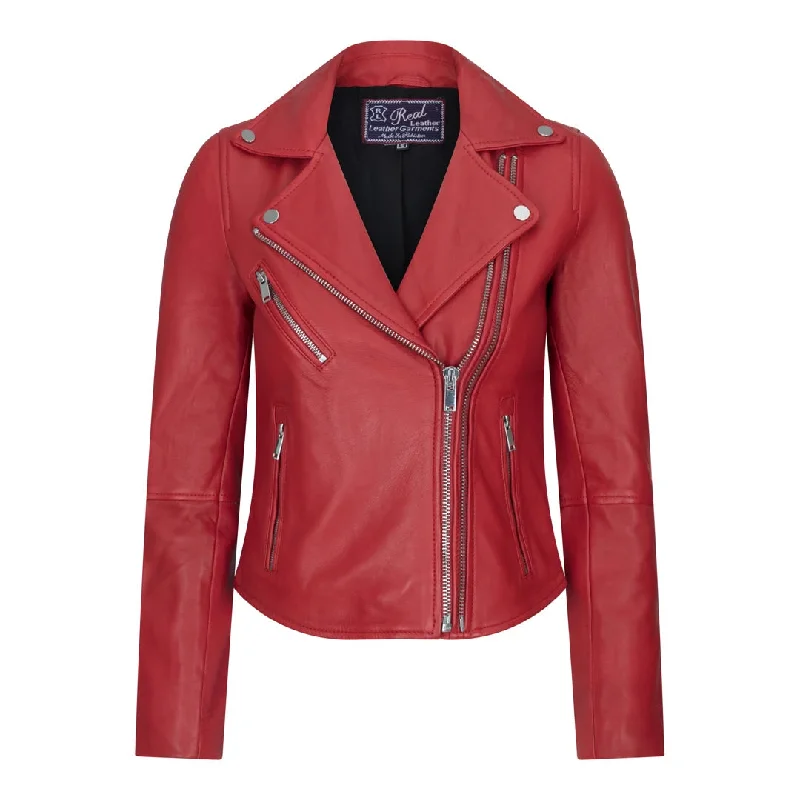 Women's Cross Zip Biker Leather Jacket Brando Red Black Motorcycle