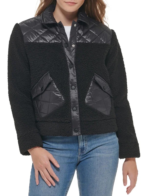 Womens Mixed Media Sherpa Quilted Coat