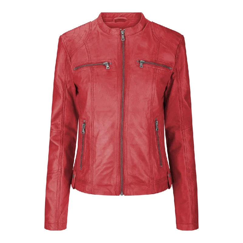 Women's Leather Jacket Short Fitted Red Chinese Collar