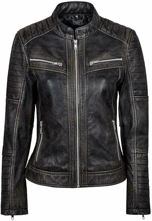 Women's Vintage Distressed Black Leather Biker Jacket WD01