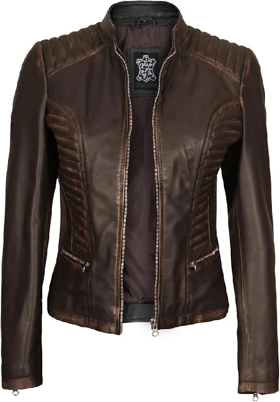 Women's Vintage Quilted Distressed Brown Leather Jacket WD05