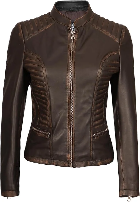 Women's Vintage Quilted Distressed Brown Leather Jacket WD05