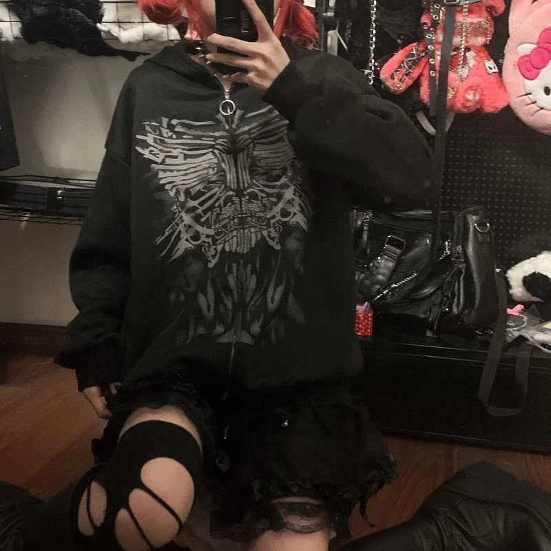 Znbbw Aesthetic Butterfly Zip Up Oversized Sweatshirts Harajuku Long Sleeve Goth Hoodies Y2K Autumn Grunge Punk Coat Retro Clothes