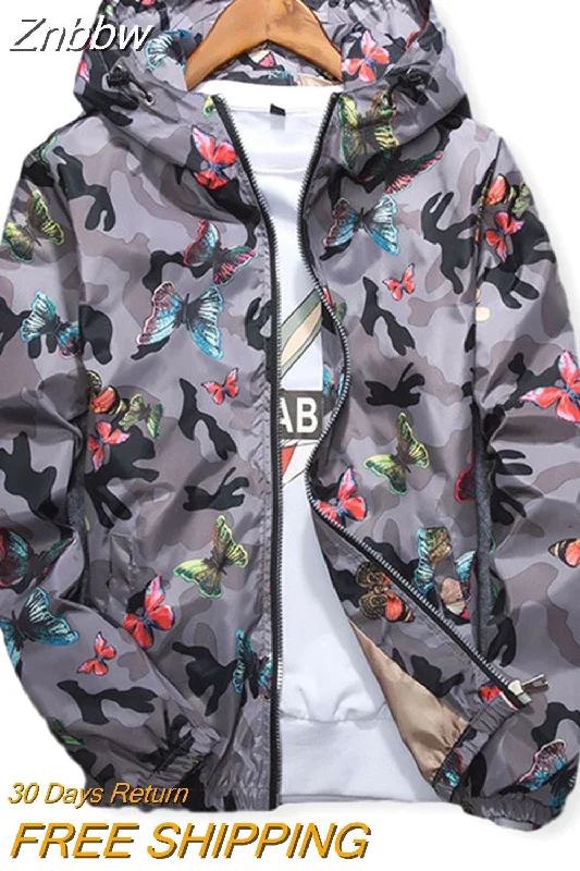 Znbbw High Quality Women Windbreaker Jacket Spring Summer Camo Thin Female Camouflage Butterfly Windbreaker Coats Hooded