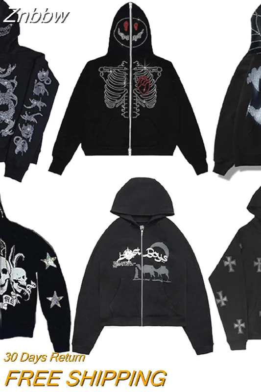 Znbbw Hoodie Rhinestone Skeleton Goth Sweatshirt Sport Coat Pullover Men's Gothic Long Sleeve Oversized Hoodie Y2k Jacket Hoodies