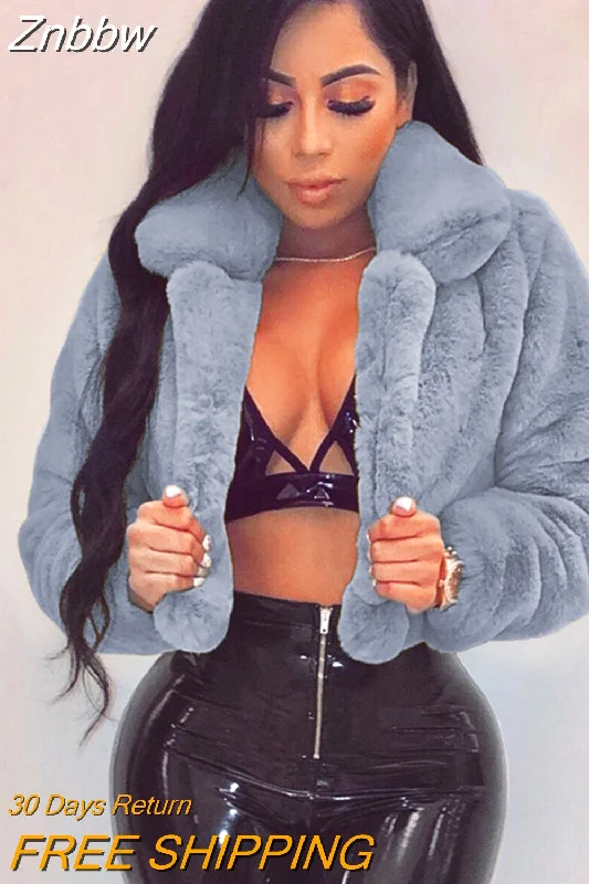 Znbbw Notched Collar Open Front Faux Fur Winter Coat Women 11 Colors Cropped Jacket Fashion Fake Fur Coats 2023 New Outwear