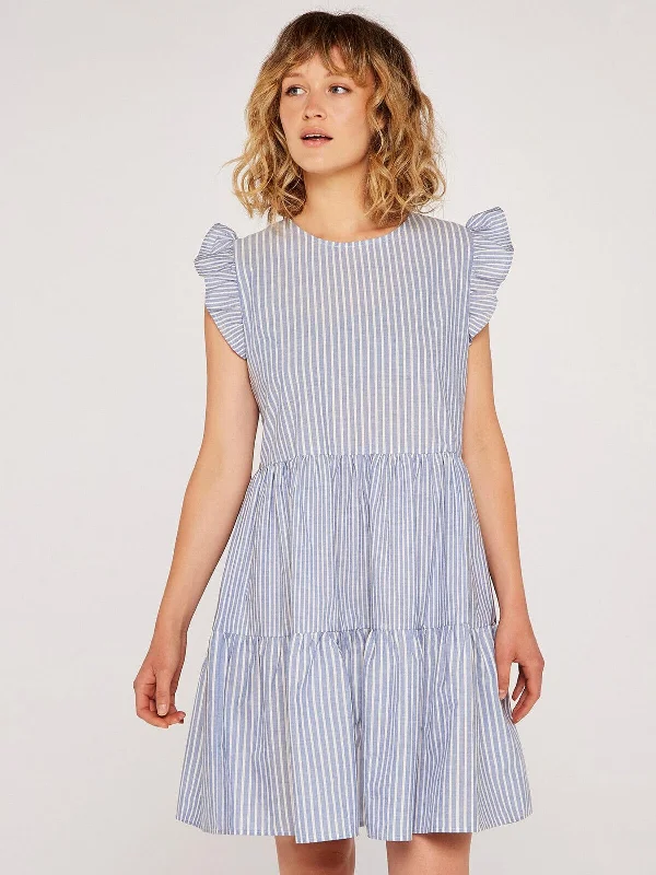 Apricot Mix Blue Stripe Lines Tiered Dress  UK 12 ****Ref V278