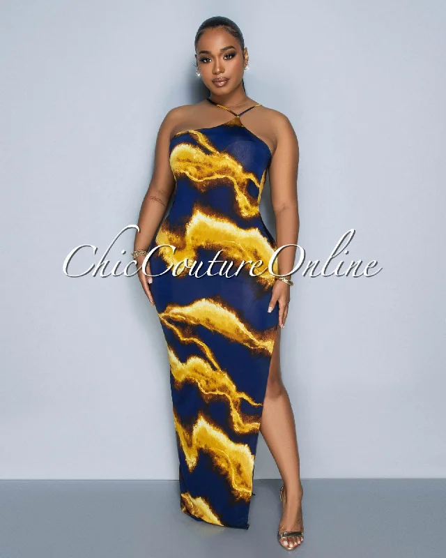 Batista Navy Blue Mustard Print Halter Maxi Dress