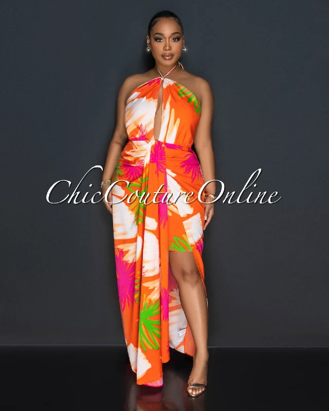 Celian Orange Multi-Color Print Front Slit Maxi Dress