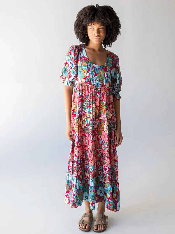 Collette Tiered Maxi Dress - Blue Red Floral