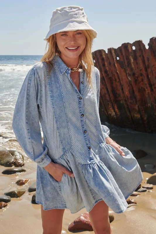 Crossing Paths Ruffled Babydoll Denim Shirt Dress