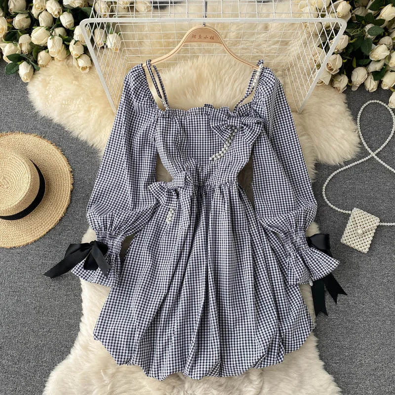 Cute Plaid Long Sleeve Dress Fashion Dress  10907