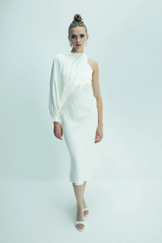 Emillien Asymmetric Satin Dress in White Swan