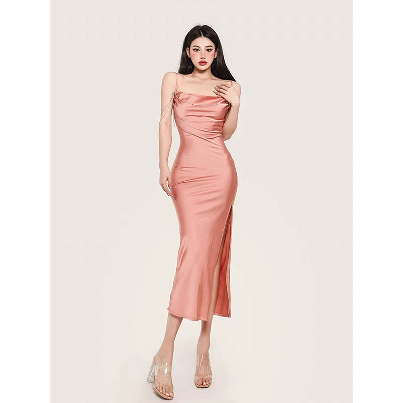 Liza Solid Color Pink Satin Silk Spaghetti Strap Rhinestone Slim Side Slit Midi Dress