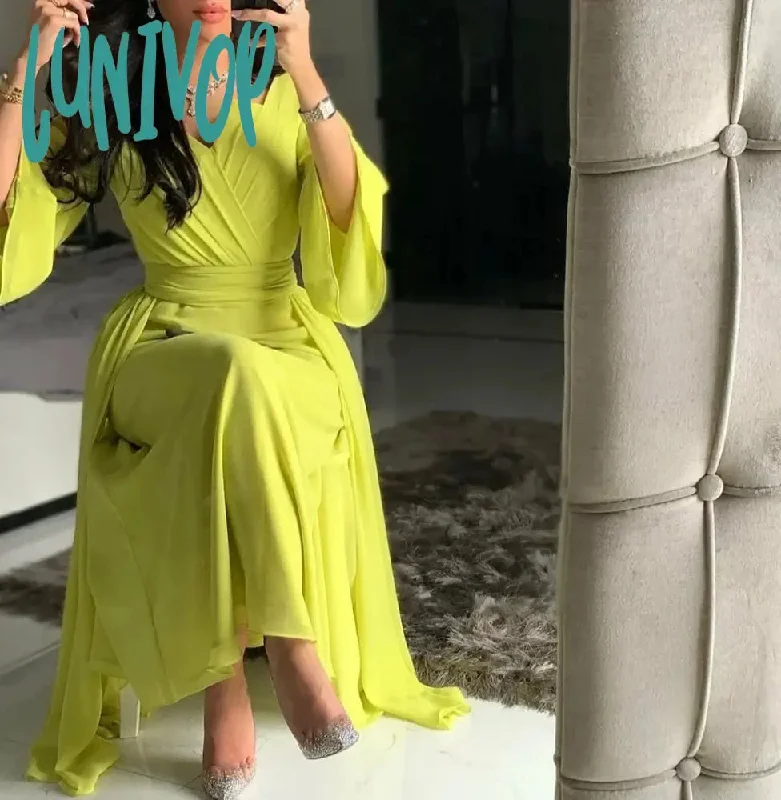 Lunivop Long Sleeve Arabic-Muslim Pleat Evening Dresses Floor-Length Sexy Mermaid Chiffon Party Gown Chiffon Custom Made robes de