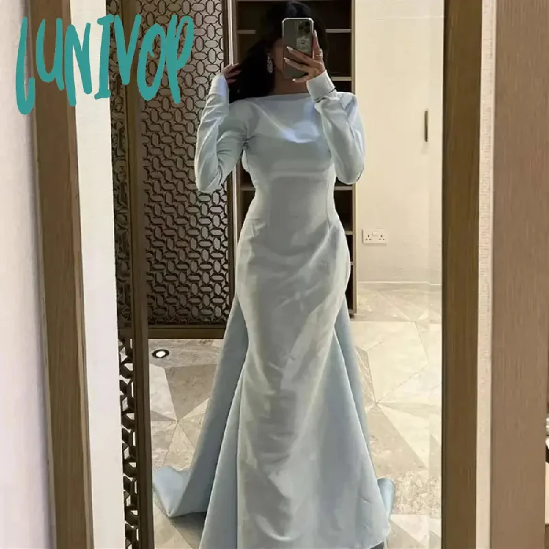 Lunivop O-neck Arabic-Muslim Long Sleeve Evening Dresses Floor-Length Sexy Mermaid Court Dubai Custom Pleat Bow Party Gown robes de