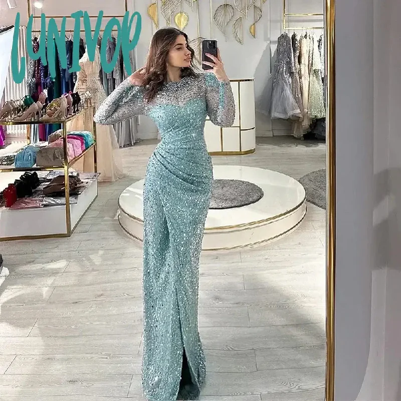 Lunivop Sparkly Beads Sequins Evening Dresses 2024 Sexy Floor-Length Mermaid Party Gown with Long Sleeve Dubai Arab for Women robes de