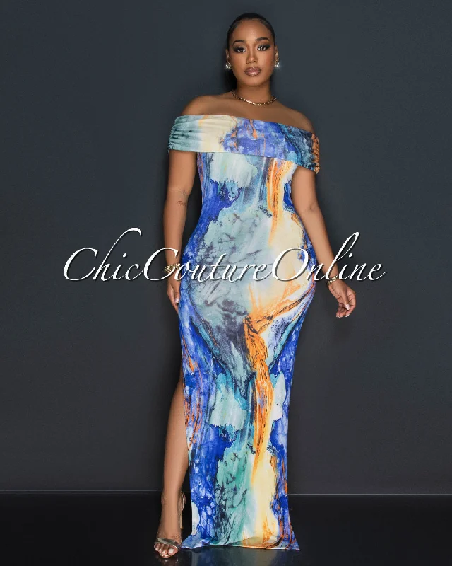 Morella Blue Multi-Color Print Off-The-Shoulder Maxi Dress