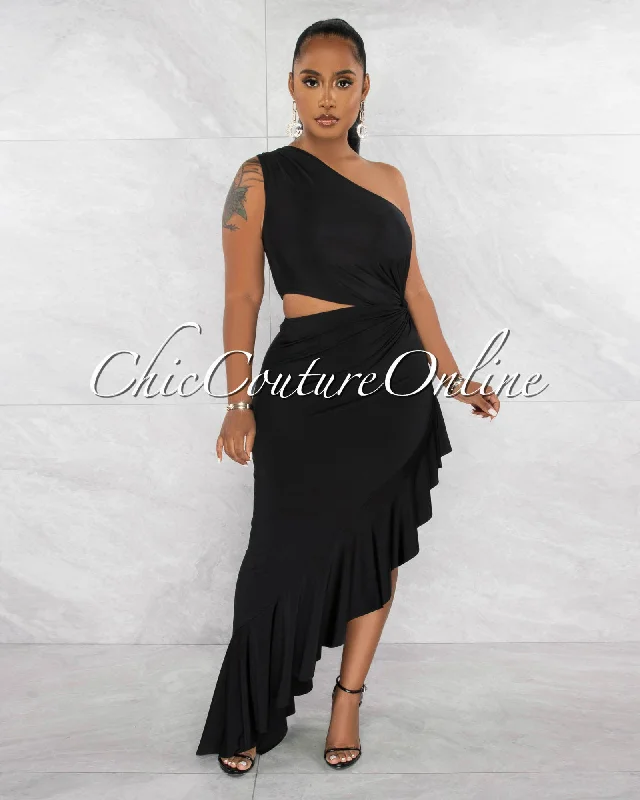 Nilia Black Cut-Out Hi-Lo Ruffle Hem Maxi Dress