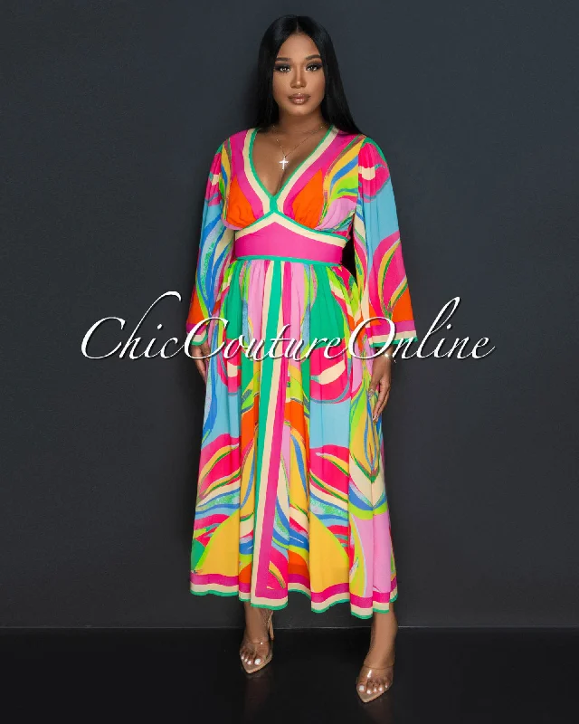 Odetta Fuchsia Multi-Color Print Kimono Maxi Dress