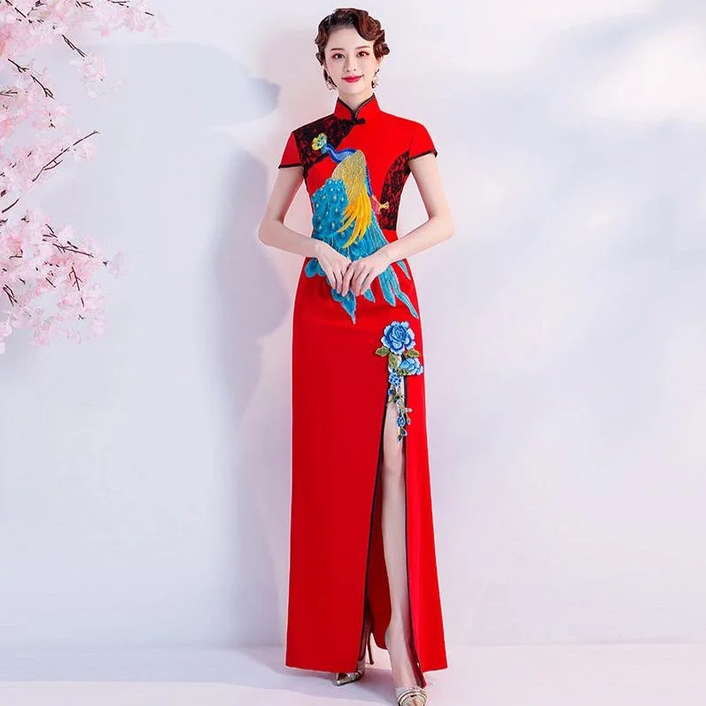 Peacock Embroidery Appliques Cheongsam Top Mermaid Evening Dress