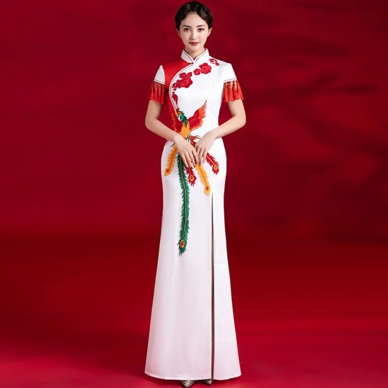 Phoenix Embroidery Cheongsam Top Mermaid Evening Dress with Tassels