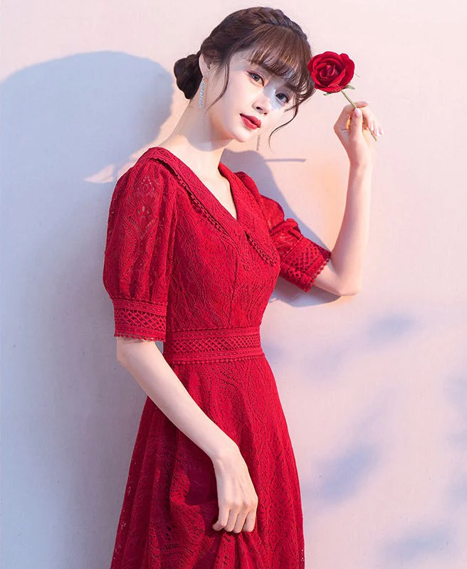 Puff Sleeve Floral Lace V Neck Tea Length Oriental Evening Dress