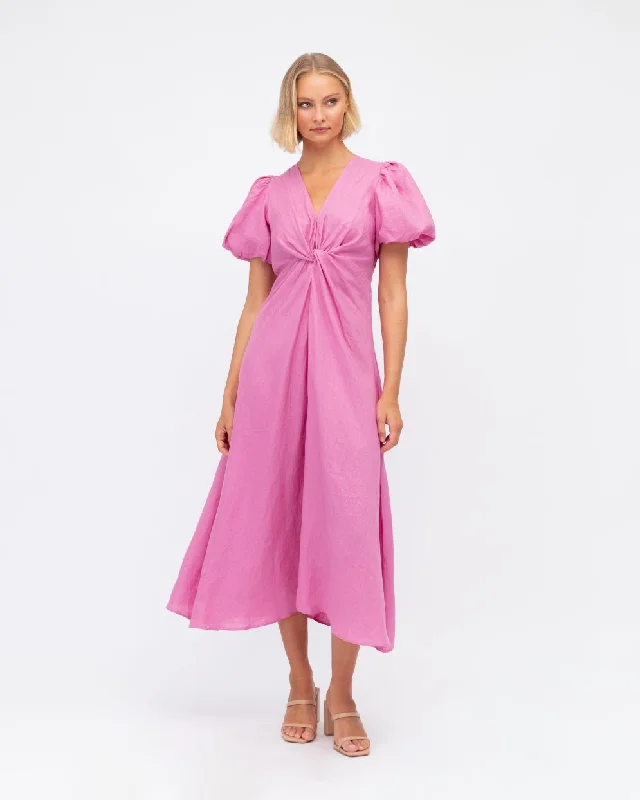 Pink Puff Sleeve Linen Dress