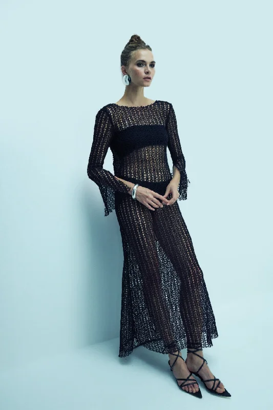 Riona Open-Back Crochet Long Dress in Black