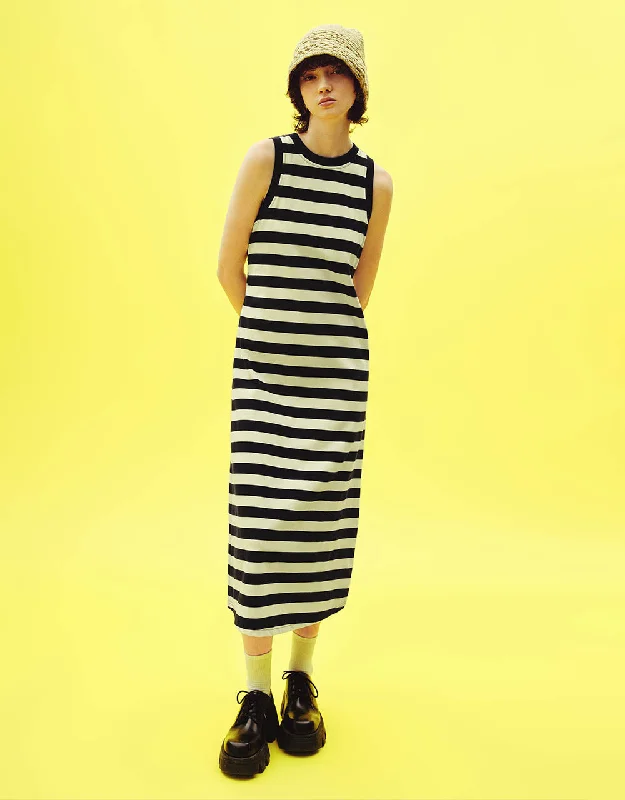 Striped Sleeveless Crew Neck A-Line Dress