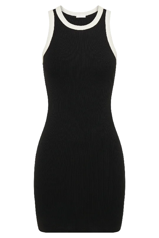 Tina Ribbed Racer Neck Mini Dress - Black