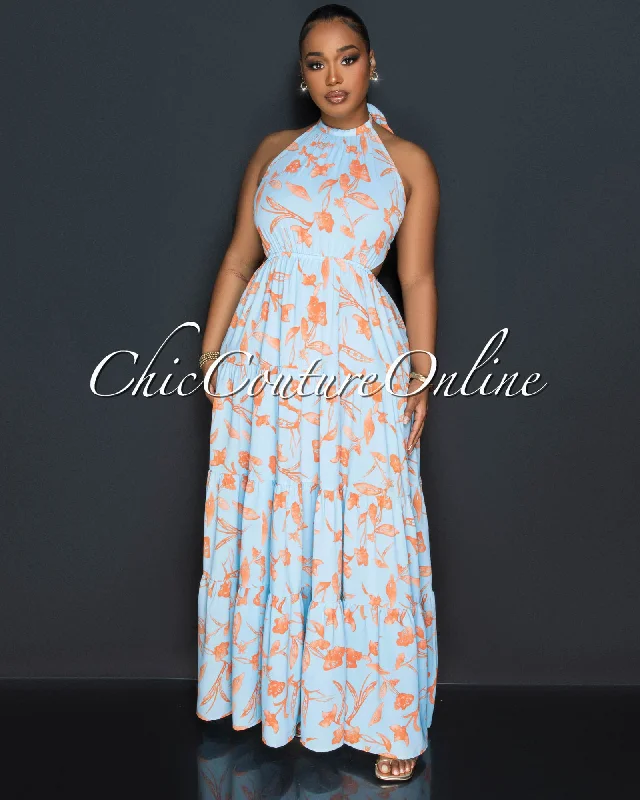 Trevor Baby Blue Orange Halter Maxi Dress