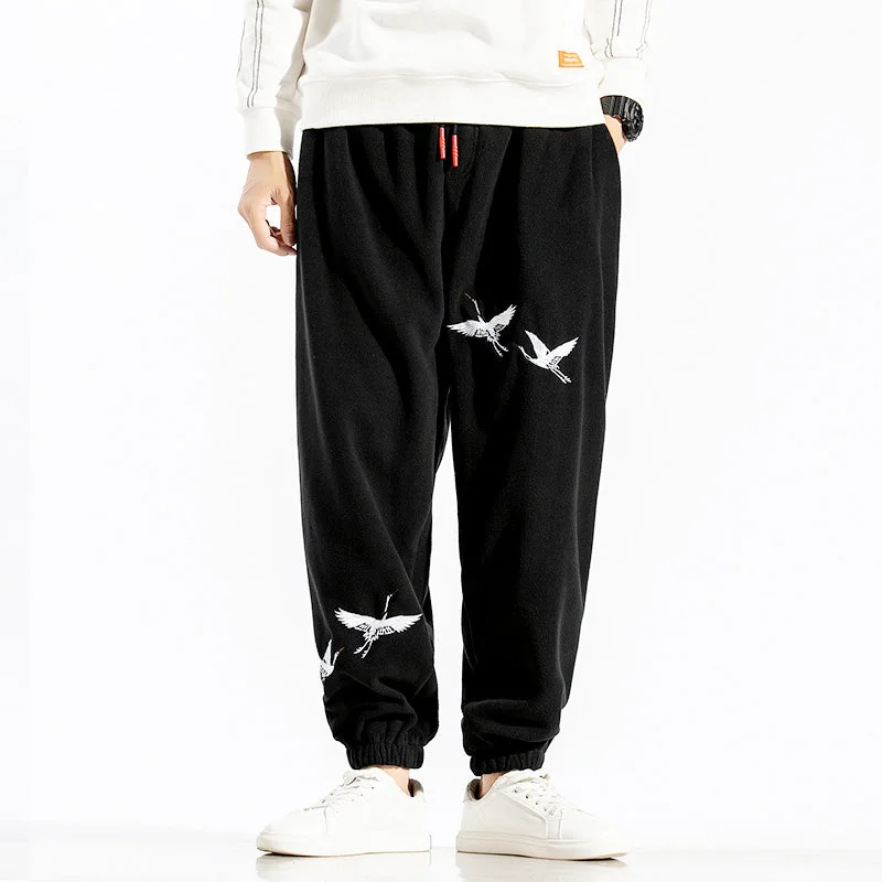 Crane Embroidery Polar Fleece Chinese Style Unisex Casual Pants