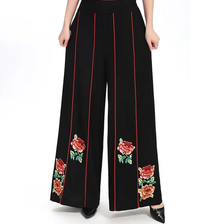 Floral Emboidery & Stripes Pattern Chinese Style Women's Loose Pants