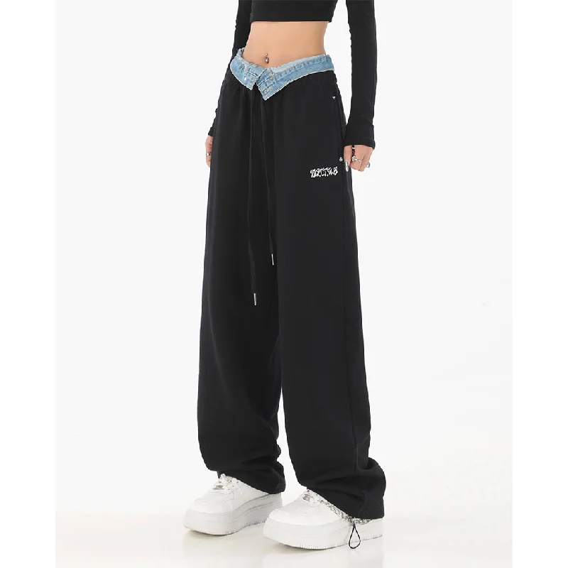 Stella Streetwear Denim Panels Fake Two Slacks High Waist Straight Wide Leg Sweat Pants