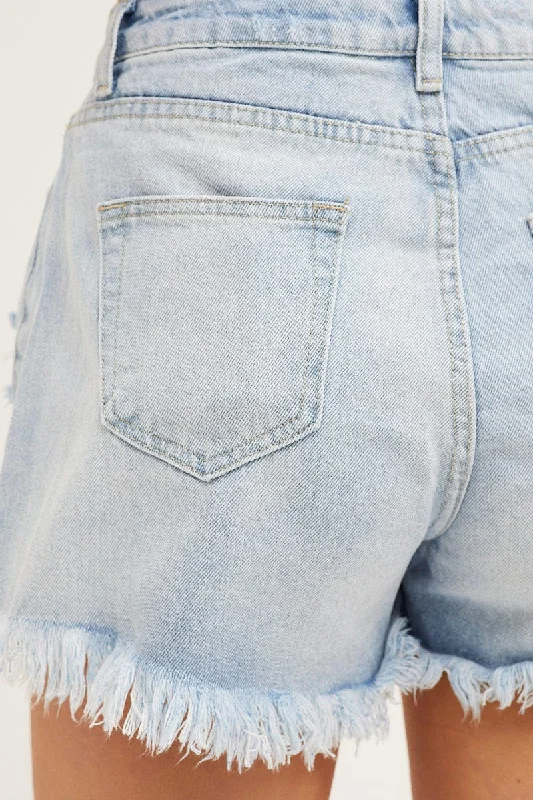 Blue Denim Shorts High Rise Distressed Relaxed