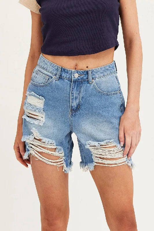 Blue Shorts High Rise Distressed Knee Length