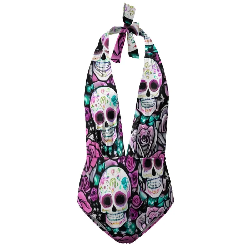 Ladies Halter Purple Pink Floral Skull One Piece Bikini Swimsuit