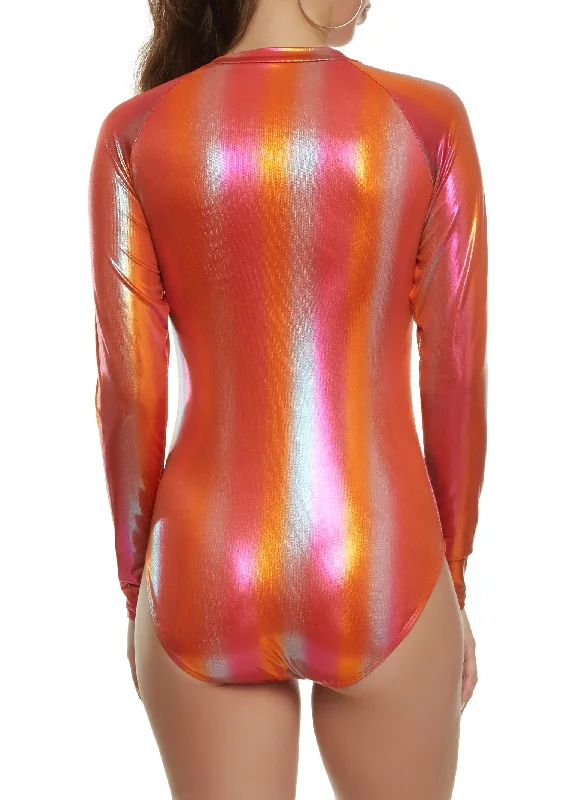 Metallic Long Sleeve Zip Rash Guard One Piece Swimsuit