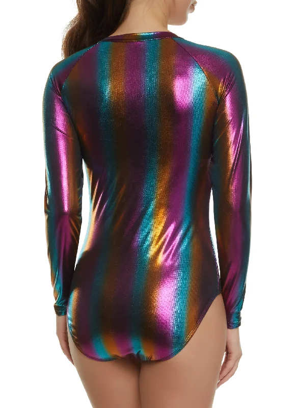 Metallic Long Sleeve Zip Rash Guard One Piece Swimsuit