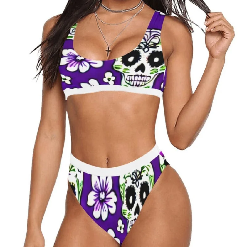 Purple Skull Floral Two Piece Sport Top & High-Waisted Bikini