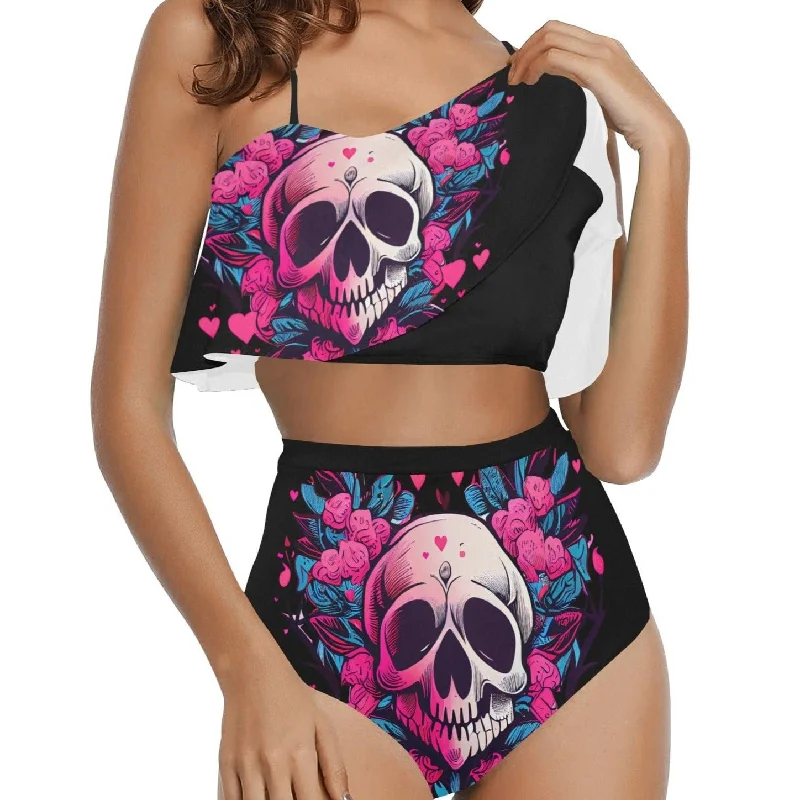 Skull Heart Pink Floral High Waisted Ruffle Bikini Two Piece Set